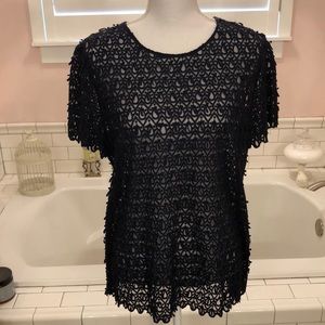 Banana republic navy embroidered embellished short sleeve blouse size Large